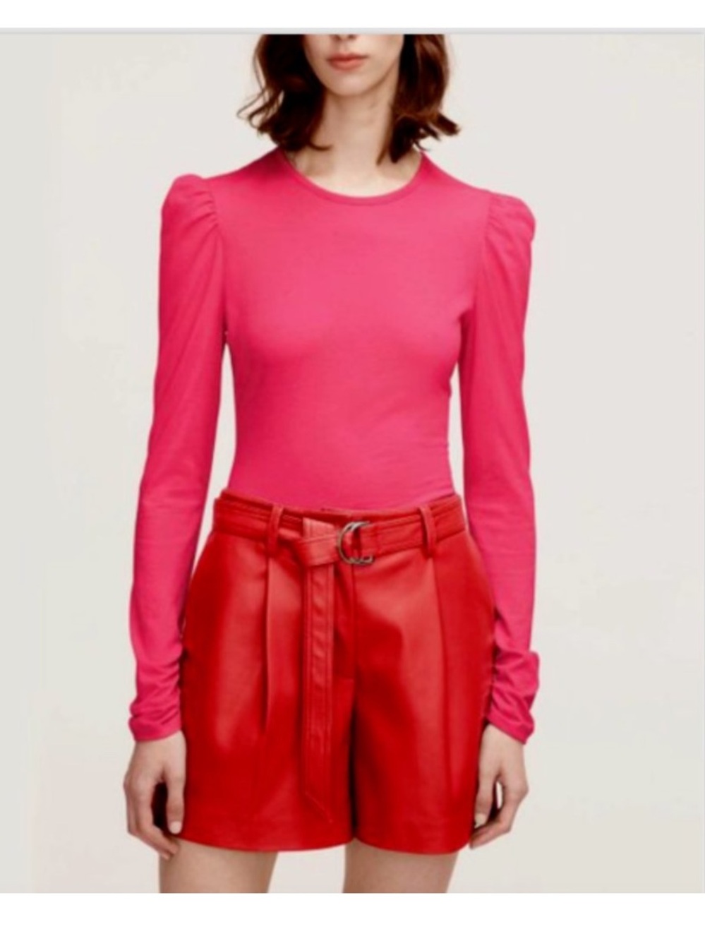Rebecca Taylor Ruched Long Sleeve Top in Hot Bright Pink M Medium Puff Shoulder